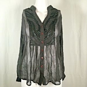 Kay Celine Shirt Womens S Black Semi Sheer Silk Button Front Blouse‎ Sequins Top